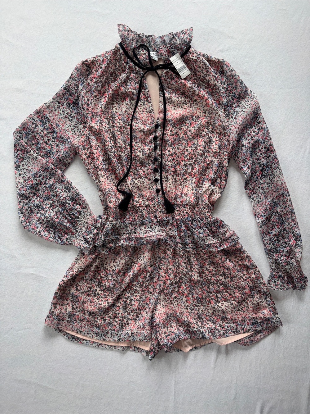 Barneys New York Pink, Black & Cream Floral Romper with Ruffle Neck